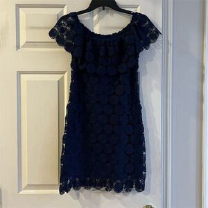 Trina Turk Women's Bardot Off-Shoulder Dress M Blue Daisy Crochet Knee Length